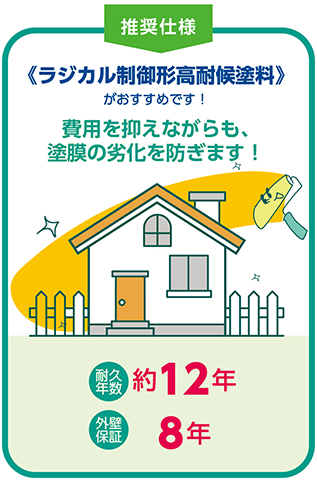 推奨仕様:《ラジカル制御形高耐候塗料》がおすすめです。「費用を抑えながらも、塗膜の劣化を防ぎます！」耐久年数約12年、外壁保証8年