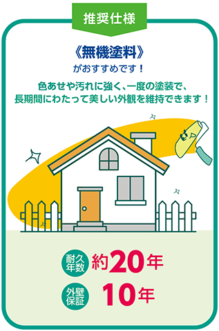 推奨仕様:《無機塗料》がおすすめです。「色あせや汚れに強く、一度の塗装で、長期間にわたって美しい外観を維持できます！」耐久年数約20年、外壁保証10年